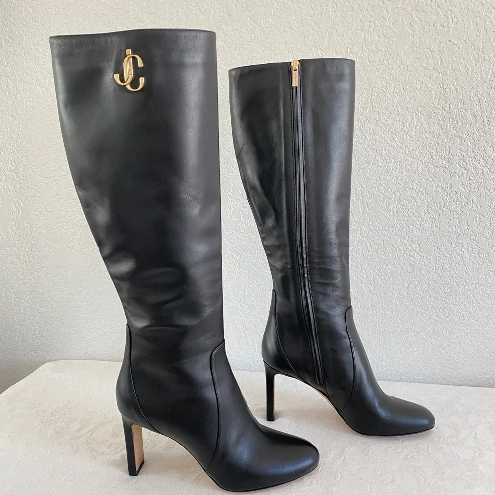 Jimmy choo black leather logo Knee high boots